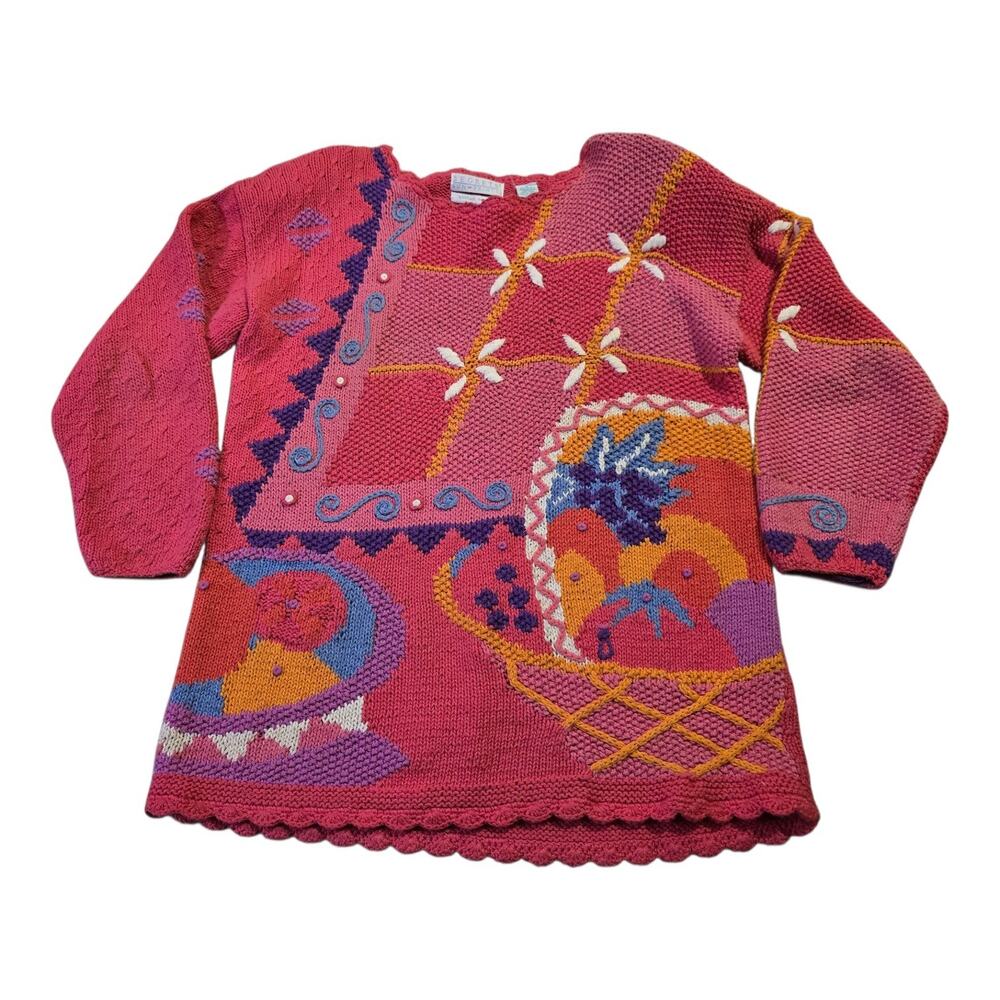 VTG Segrets Sun Prints Pullover Sweater SZ M Fruit Basket Pink Purple Hand Knit